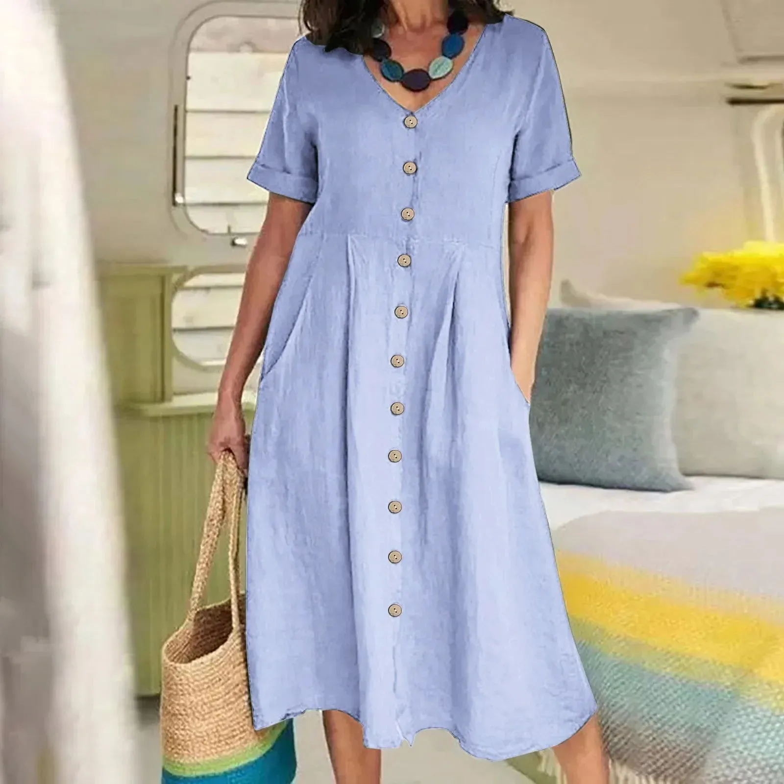 Linen Midi Elegant Short Sleeve Solid High Waist Party New Casual Cotton Dress