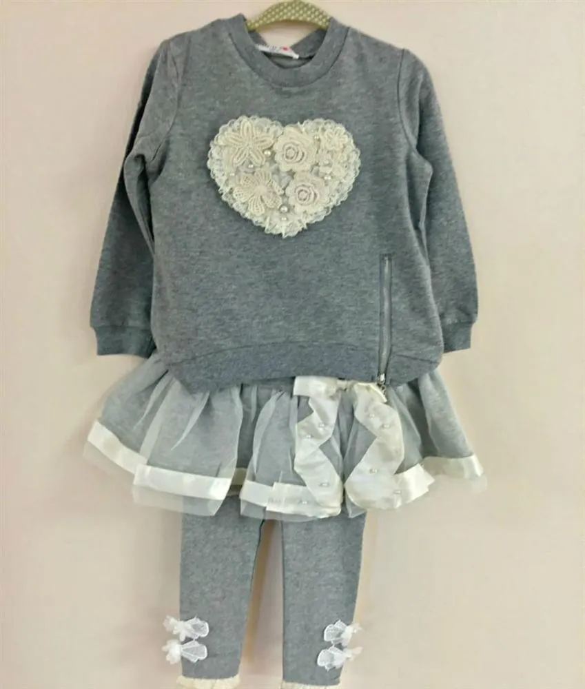 MaeLi Rose Grey Ribbon and Lace Leggings