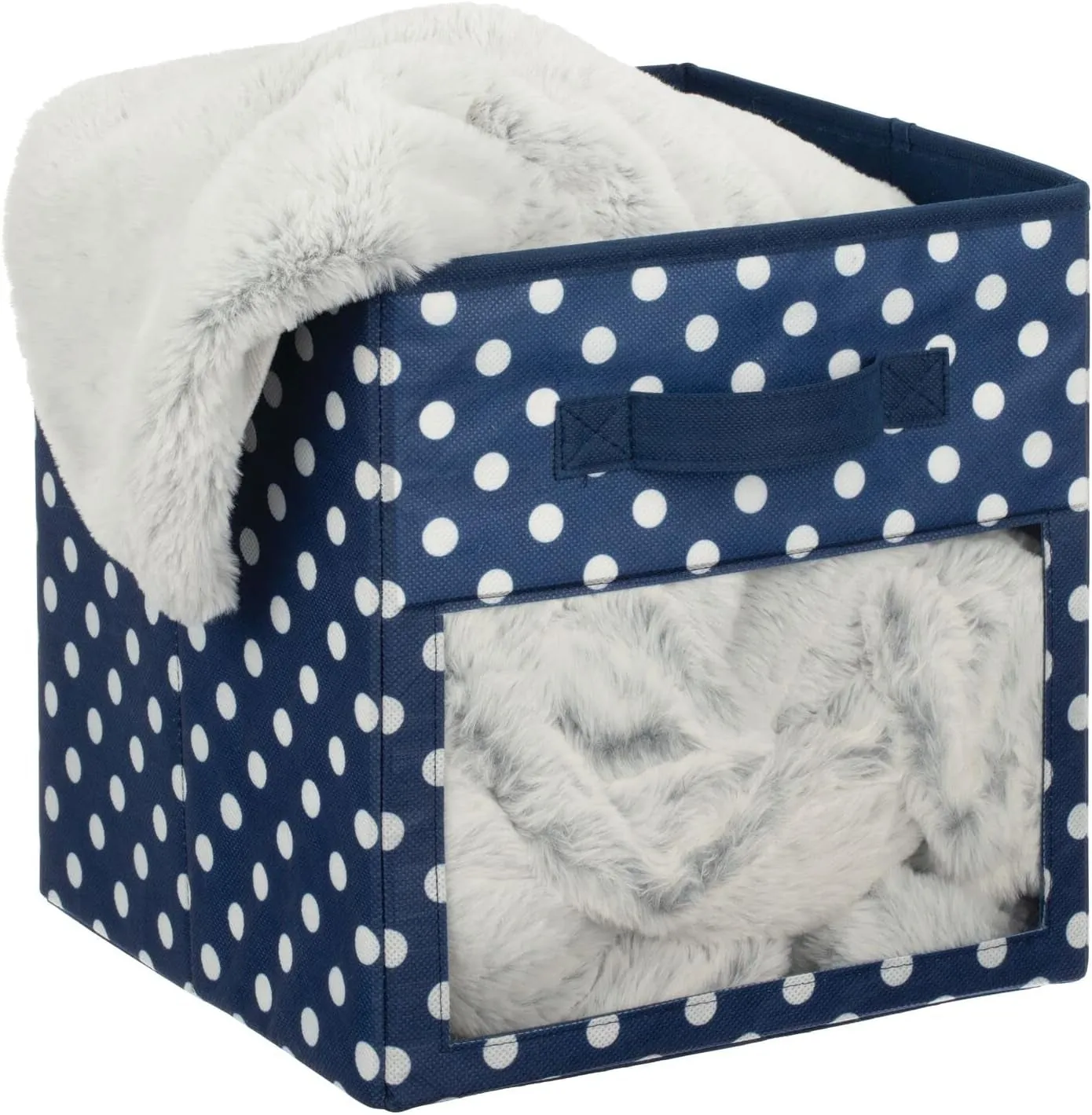 Mdesign Fabric Nursery/Playroom Closet Storage Organizer Bin Box, Front Handle/Window for Cube Furniture Shelving Unit, Hold Toys, Clothes, Diapers, Bibs, 4 Pack, Navy Blue/White Polka Dot