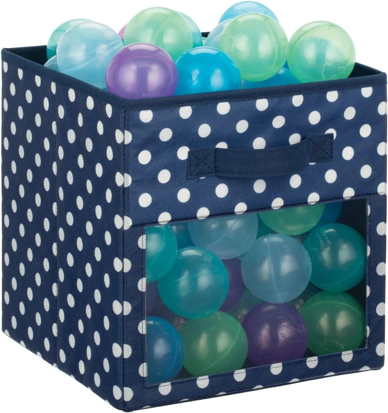 Mdesign Fabric Nursery/Playroom Closet Storage Organizer Bin Box, Front Handle/Window for Cube Furniture Shelving Unit, Hold Toys, Clothes, Diapers, Bibs, 4 Pack, Navy Blue/White Polka Dot