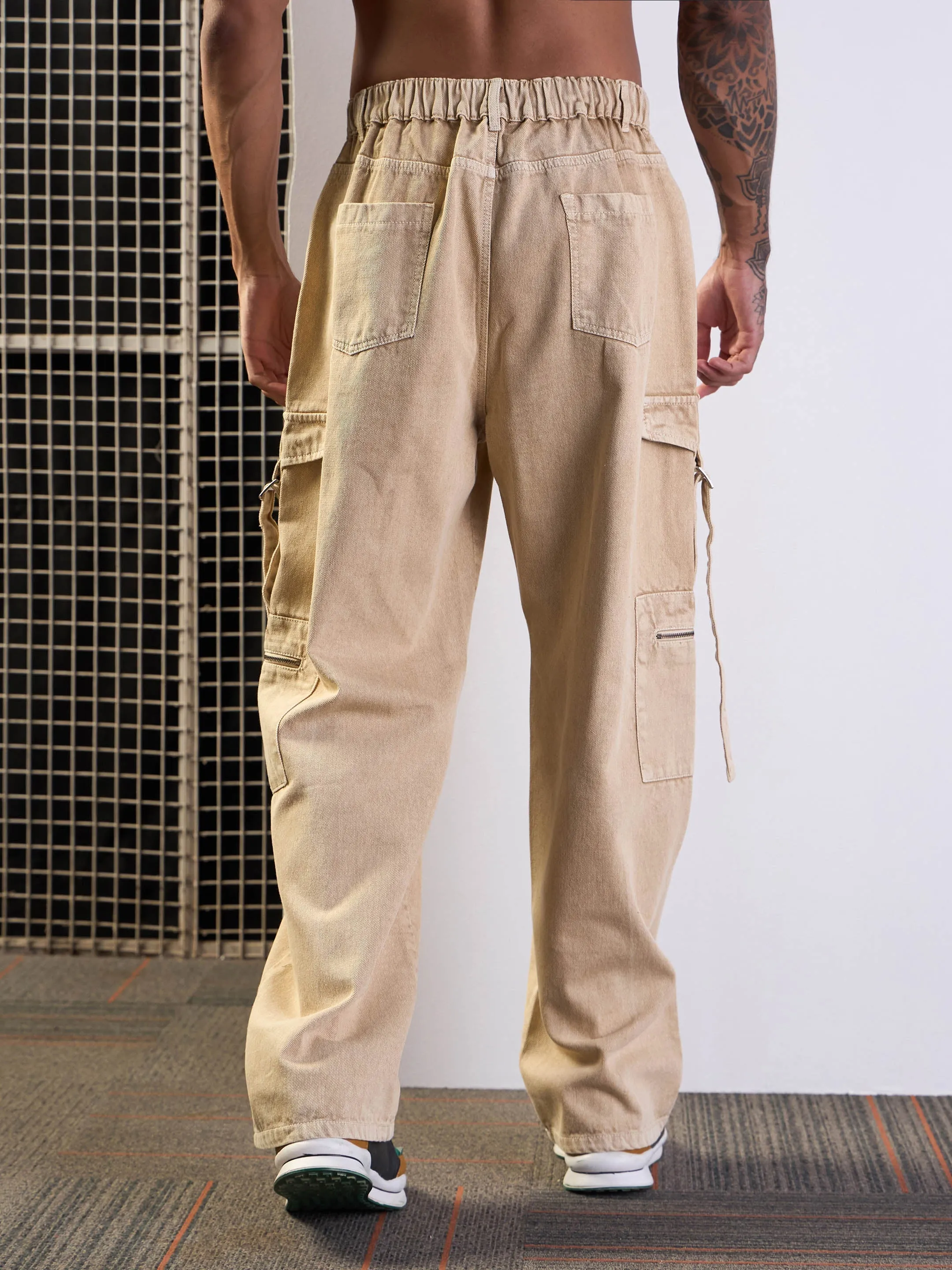 Men Beige Side Pocket Baggy Cargo Jeans