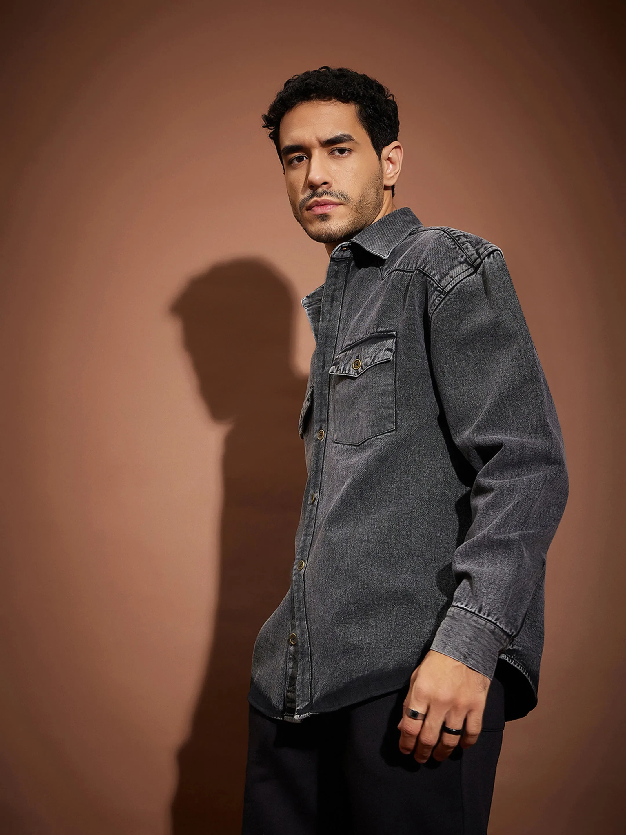 Men Black Washed Denim Oversized Shirt