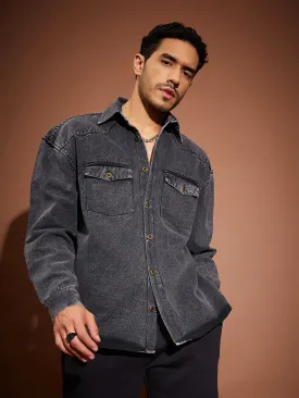 Men Black Washed Denim Oversized Shirt