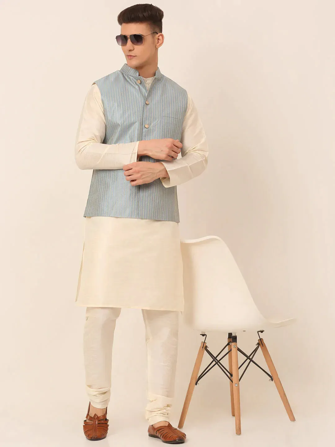 Men Blue & Golden Embroidered Nehru Jackets