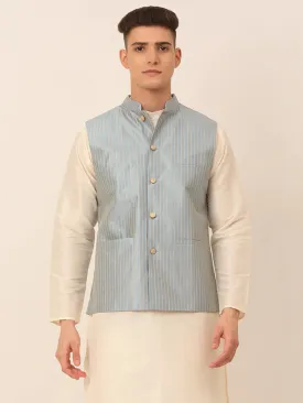 Men Blue & Golden Embroidered Nehru Jackets