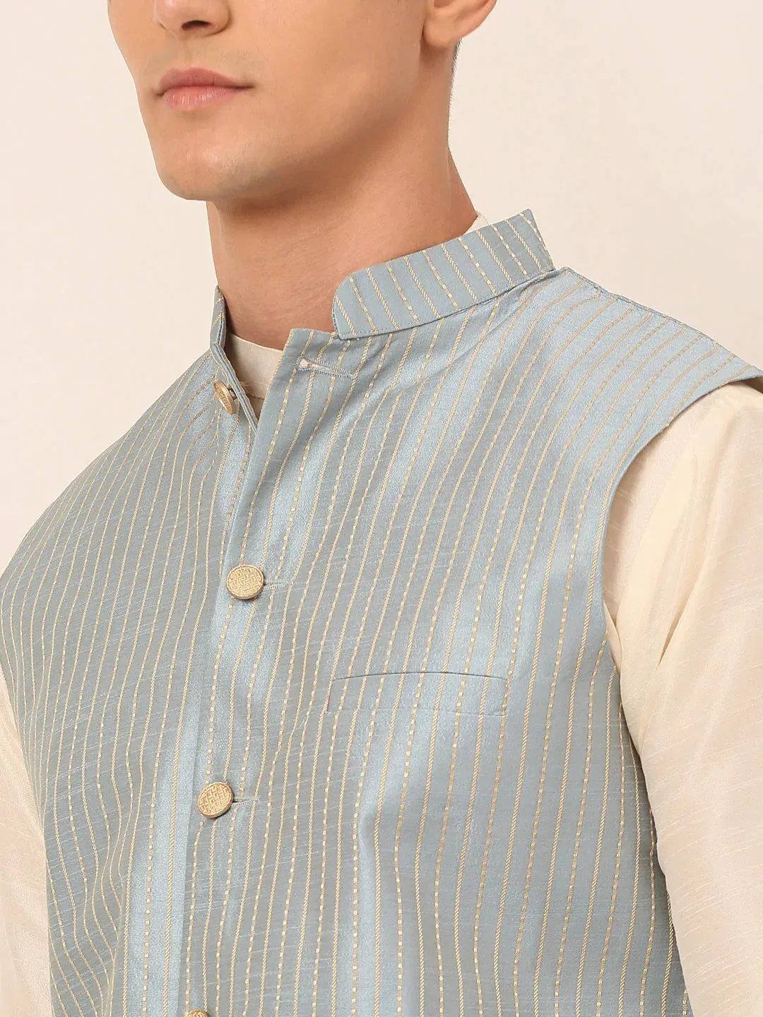 Men Blue & Golden Embroidered Nehru Jackets