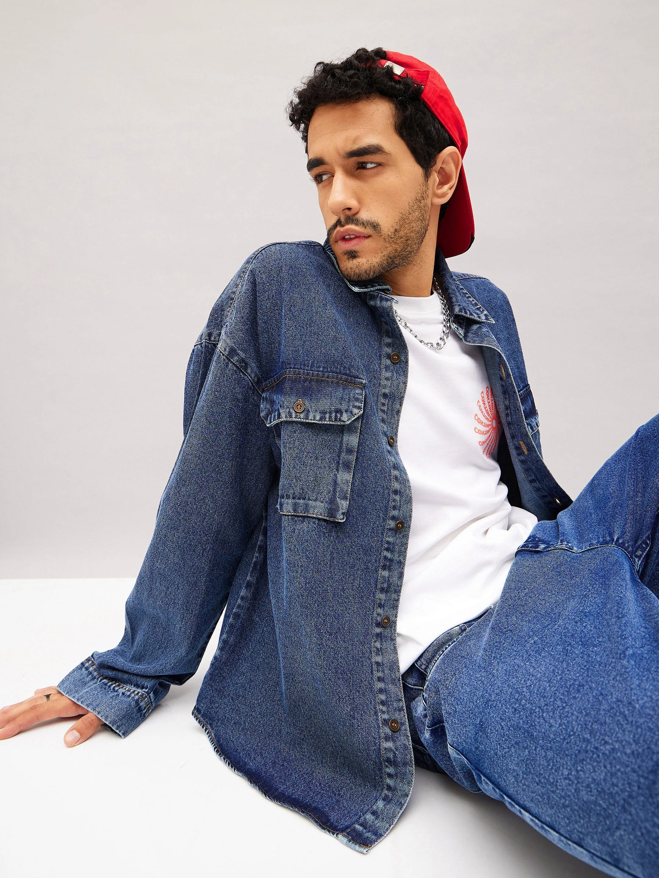 Men Blue Denim Oversized Shirt