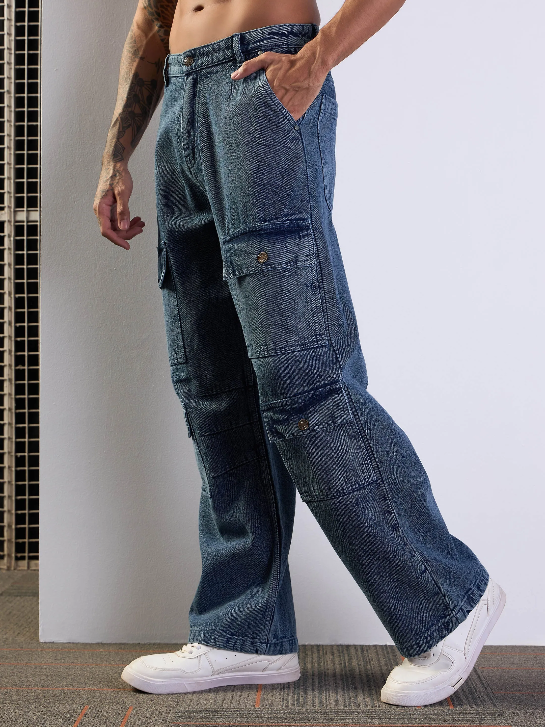 Men Blue Multi Pocket Baggy Jeans