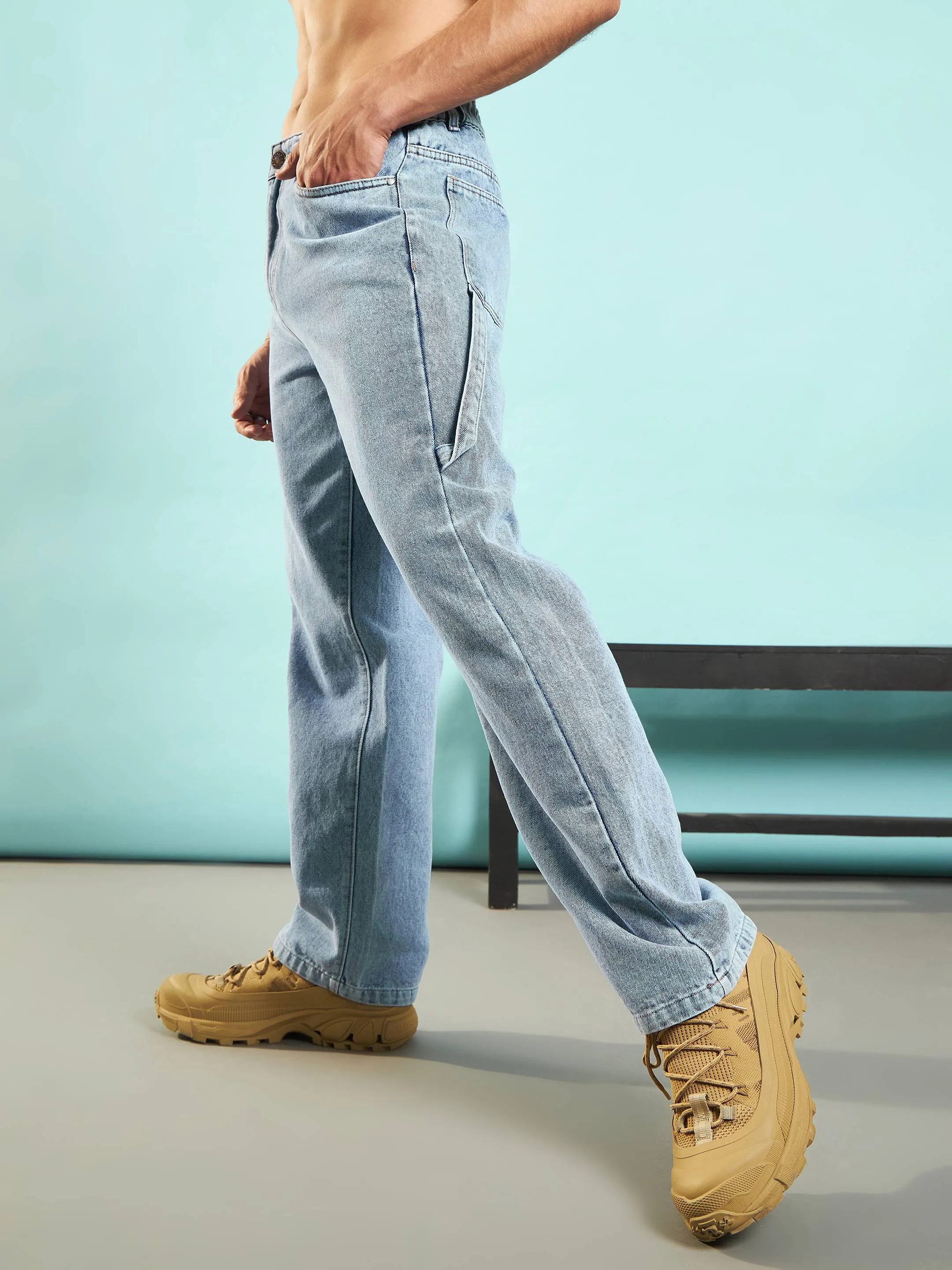 Men Ice Blue Carpenter Loose Fit Jeans