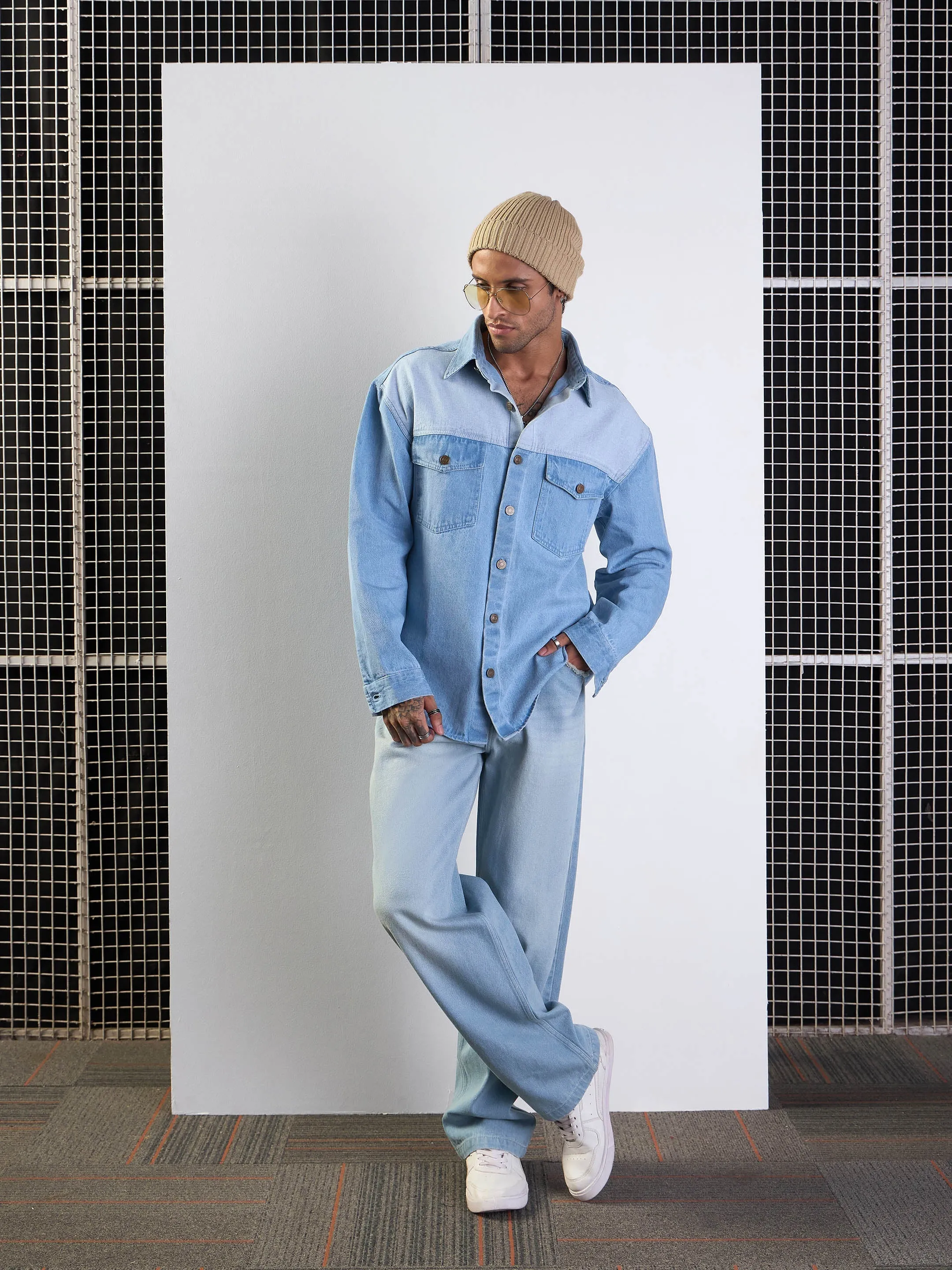 Men Light Blue Washed Baggy Jeans