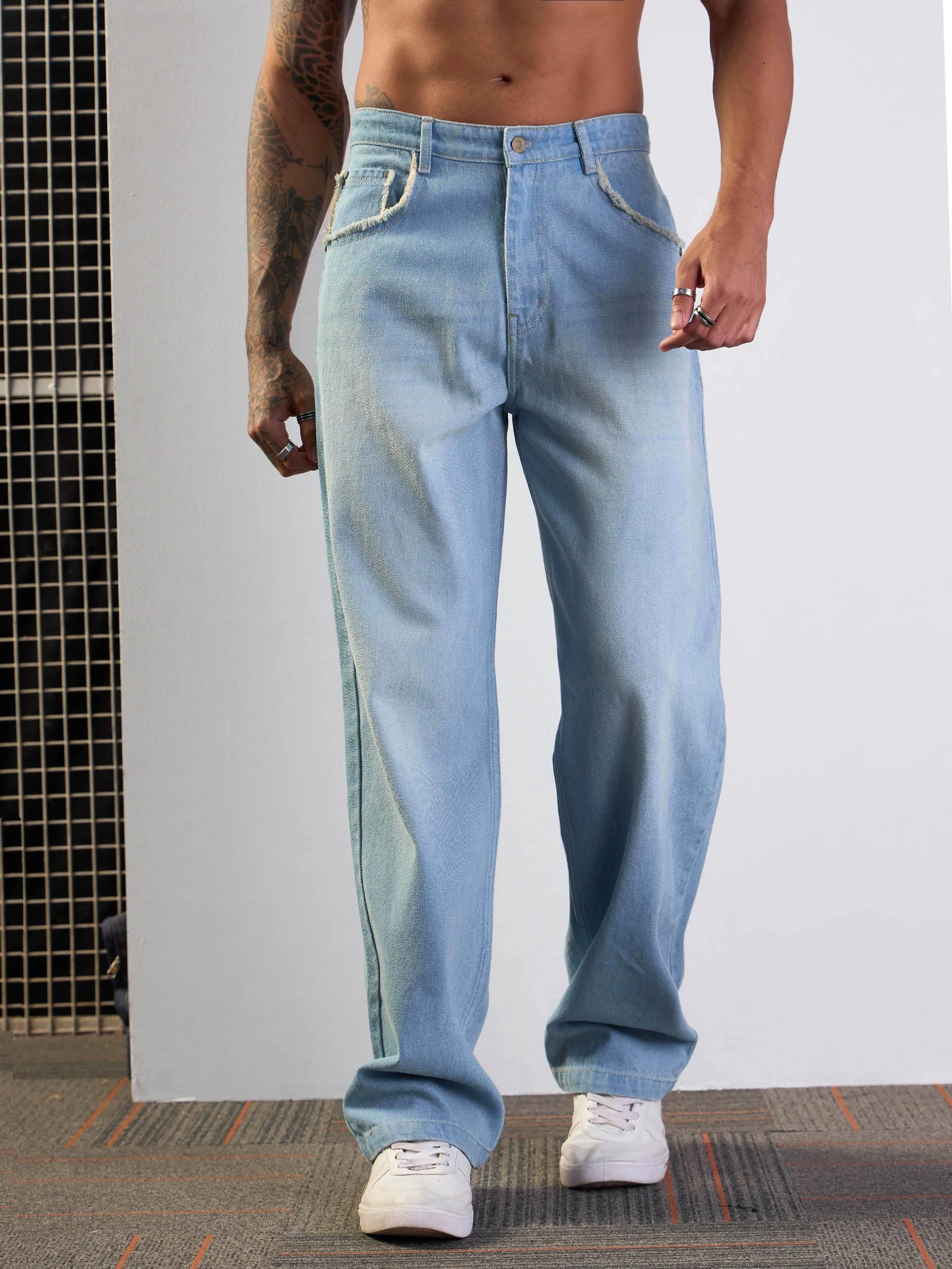 Men Light Blue Washed Baggy Jeans