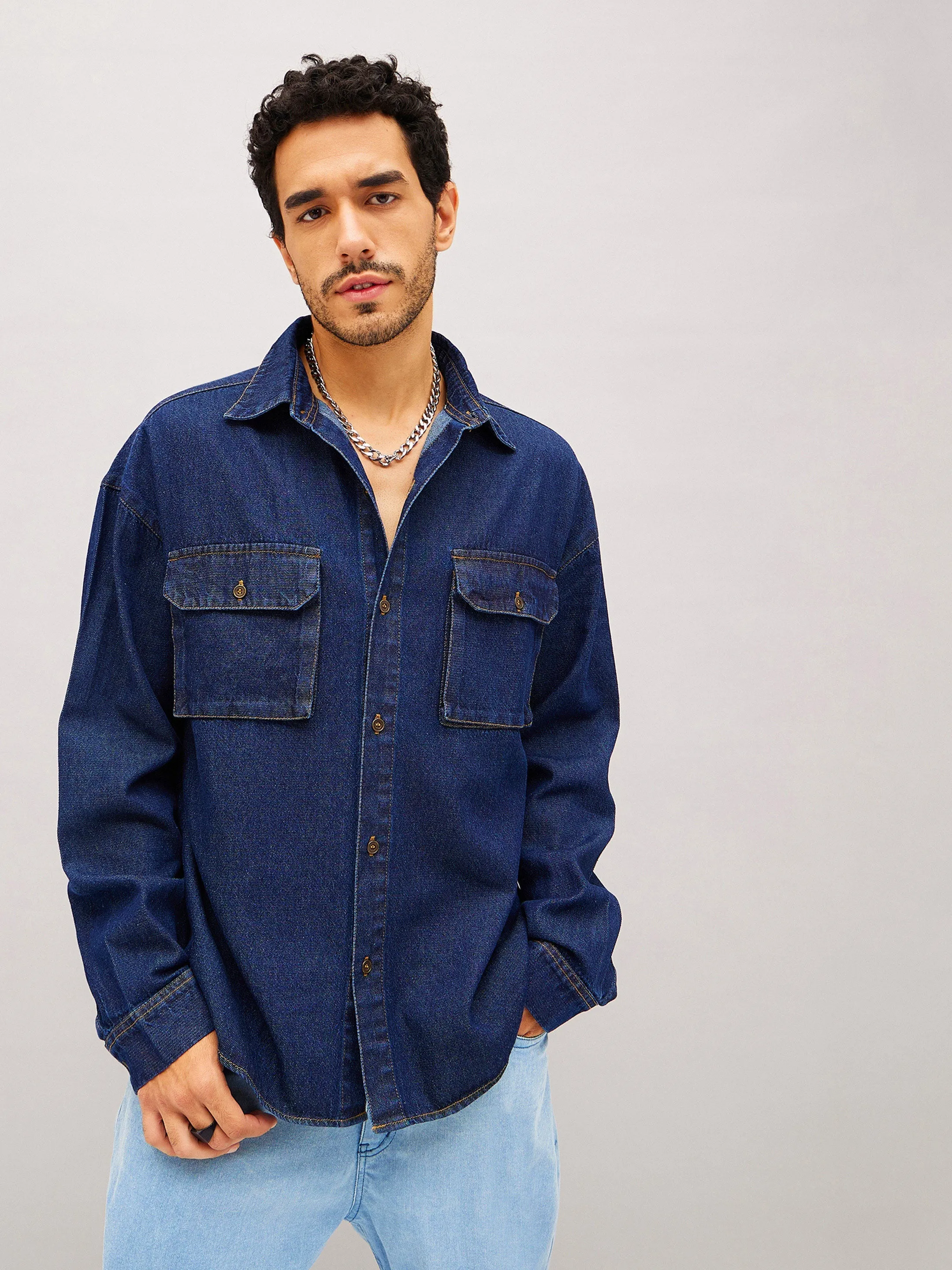 Men Navy Denim Oversized Shirt