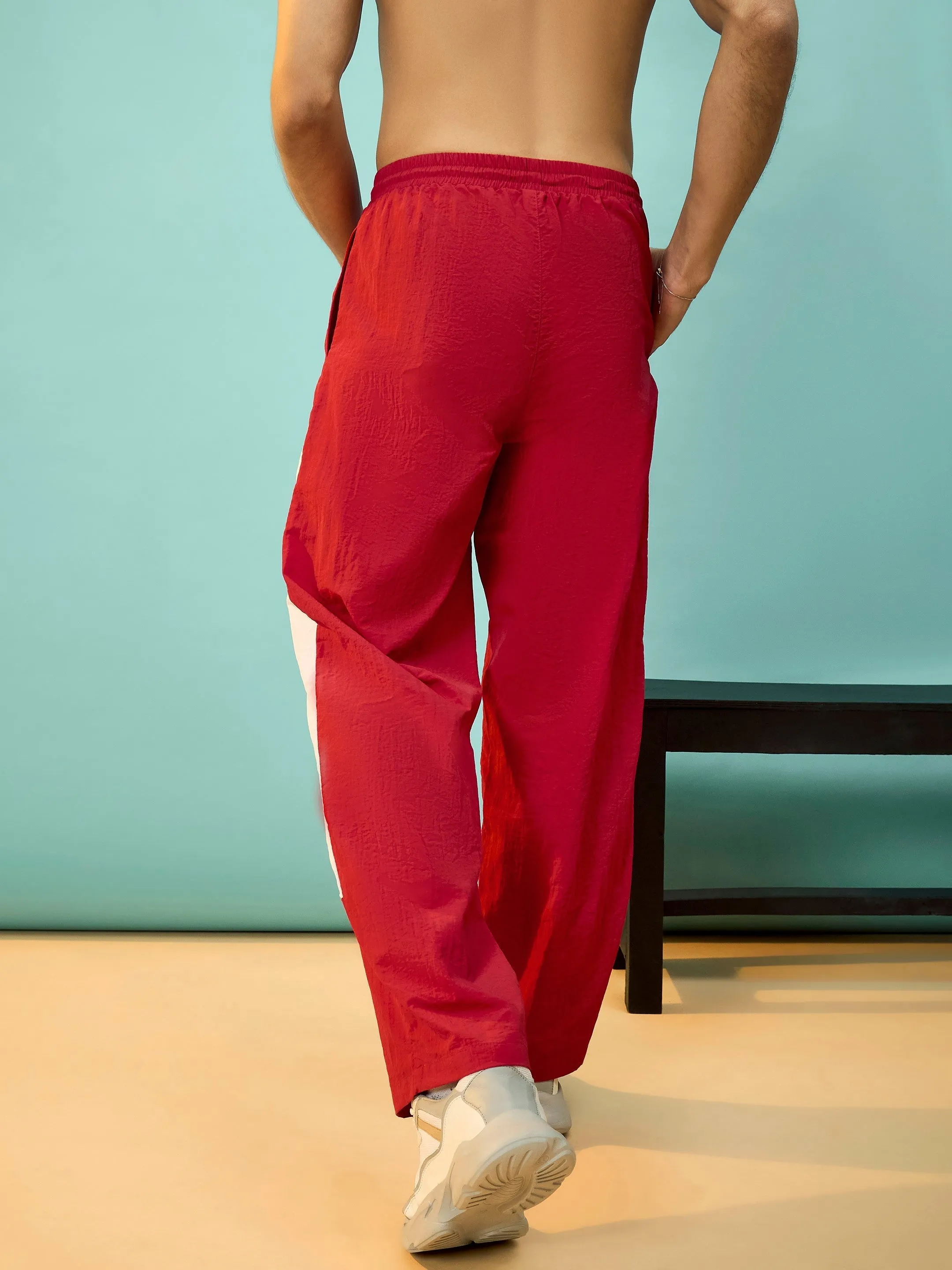 Men Red & White Colorblock Parachute Pants