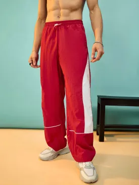 Men Red & White Colorblock Parachute Pants