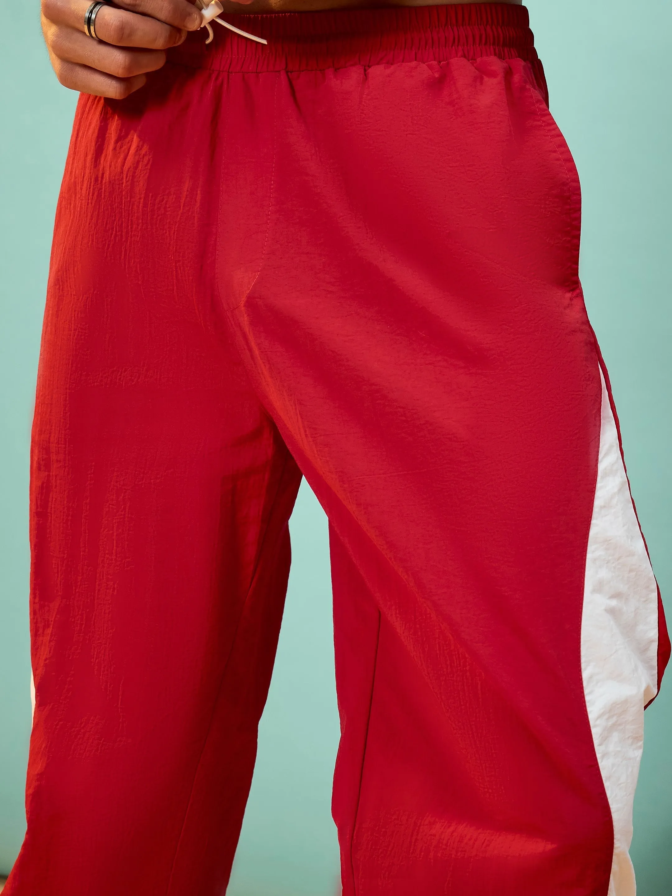 Men Red & White Colorblock Parachute Pants