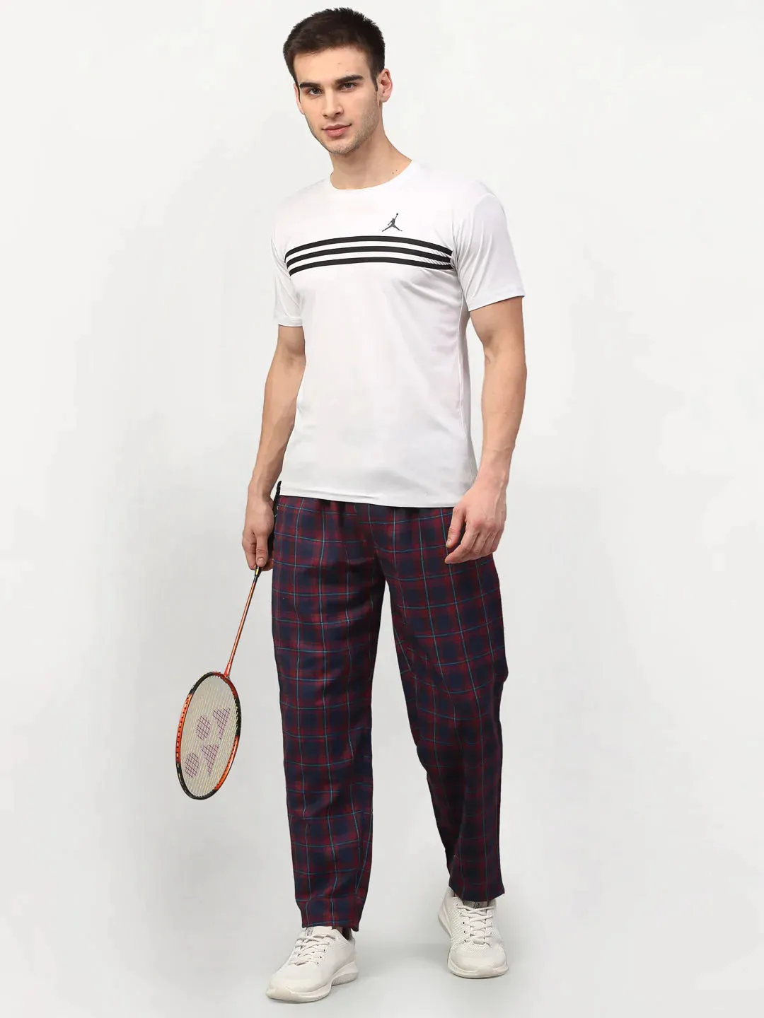 Men'S Blue Cotton Checked Track Pants