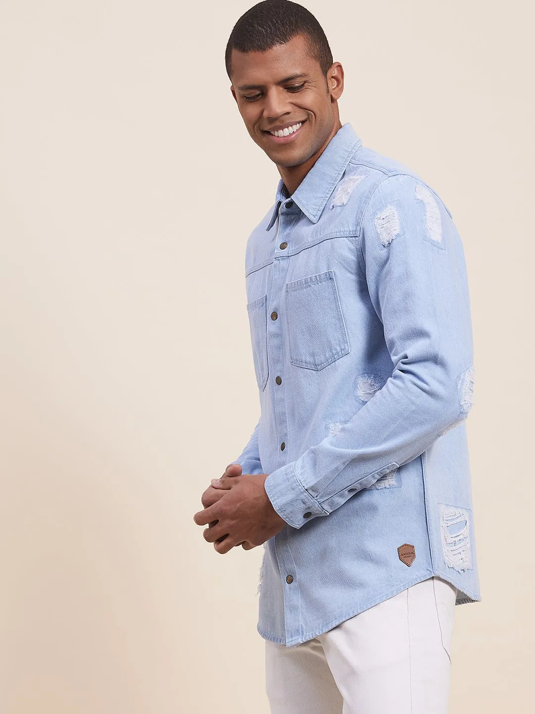 Men'S Ice Blue Distressed Denim Jacket Shirt