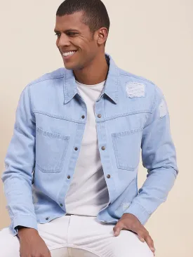 Men'S Ice Blue Distressed Denim Jacket Shirt