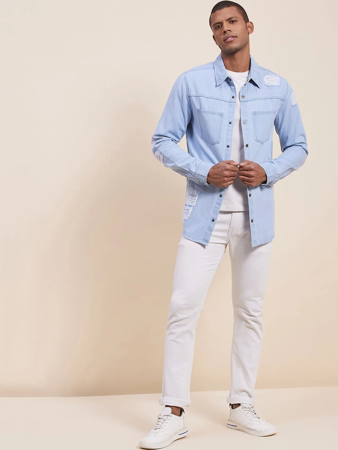 Men'S Ice Blue Distressed Denim Jacket Shirt