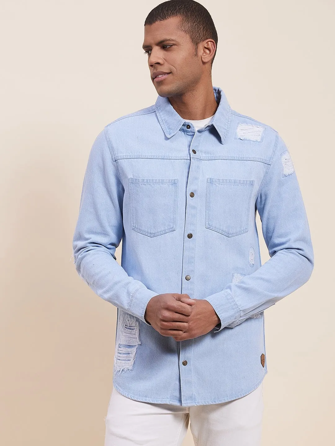 Men'S Ice Blue Distressed Denim Jacket Shirt