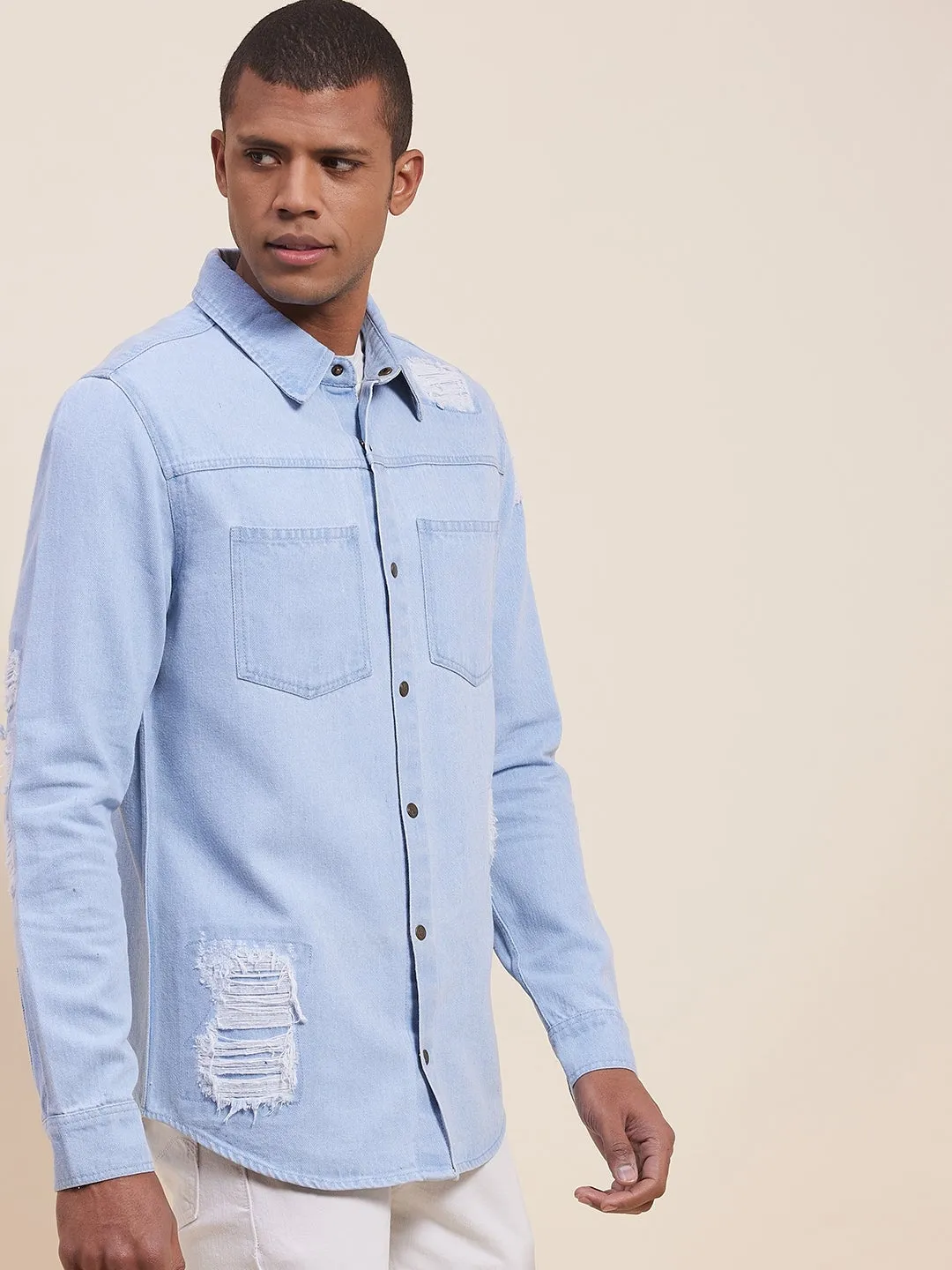 Men'S Ice Blue Distressed Denim Jacket Shirt