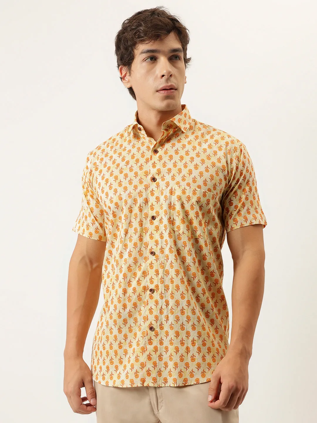 Millennial Men Yellow Printed Cotton Half Sleeve Shirts