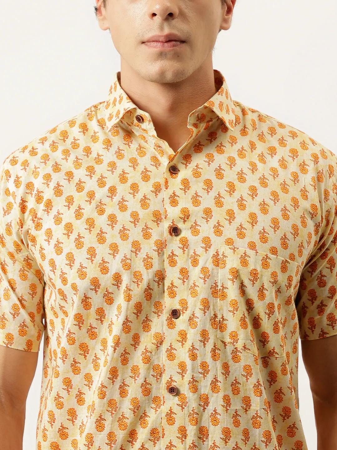 Millennial Men Yellow Printed Cotton Half Sleeve Shirts