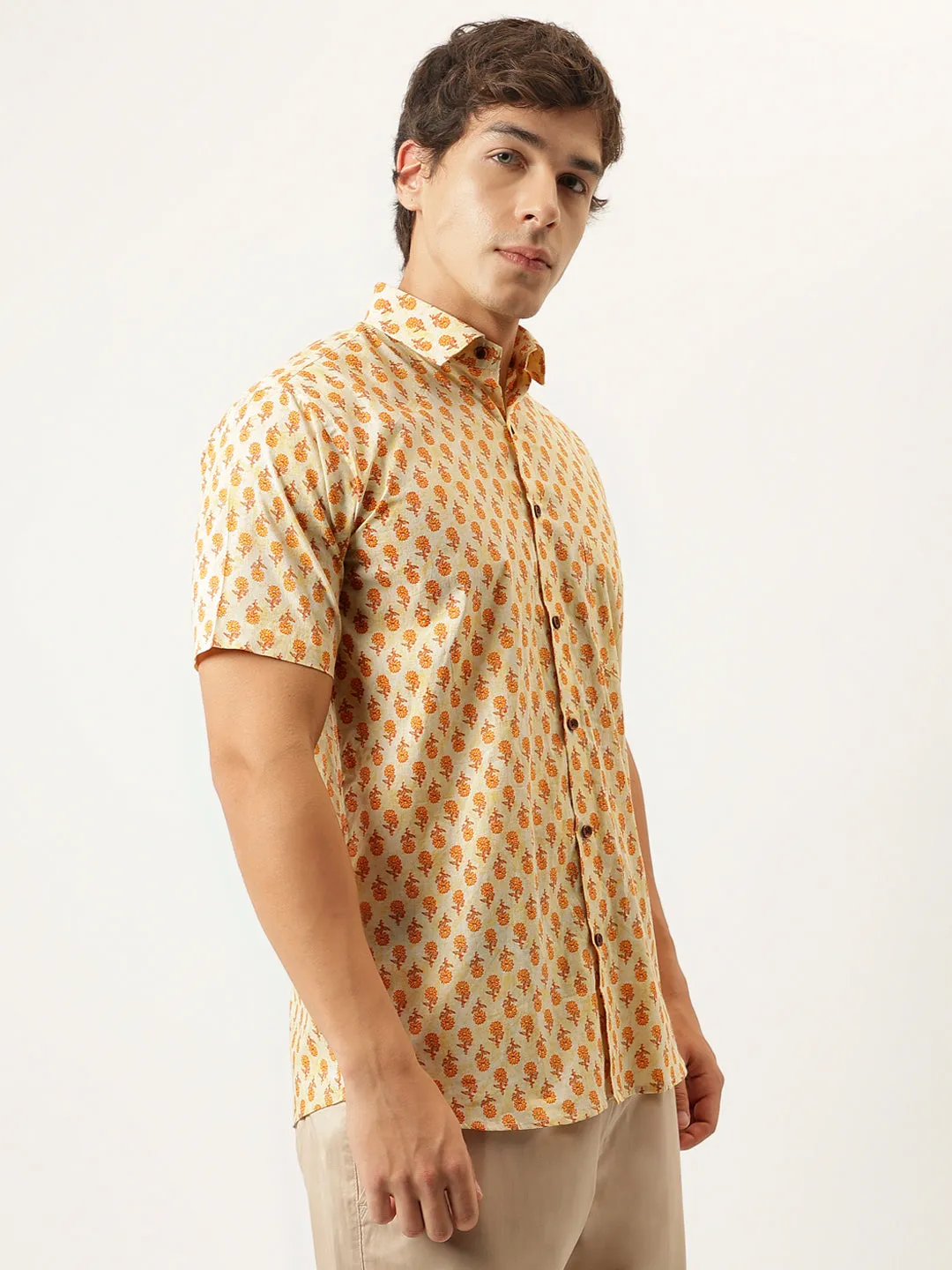 Millennial Men Yellow Printed Cotton Half Sleeve Shirts