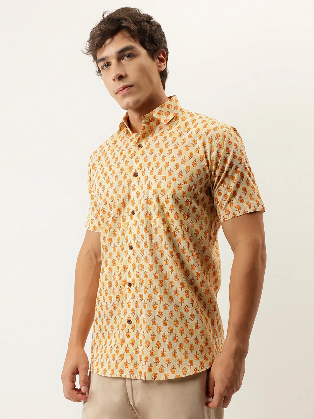 Millennial Men Yellow Printed Cotton Half Sleeve Shirts