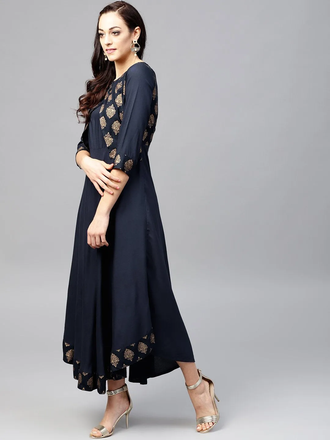 Navy Blue  3/4Th Sleeve Printed Maxi Dress With Round Neck