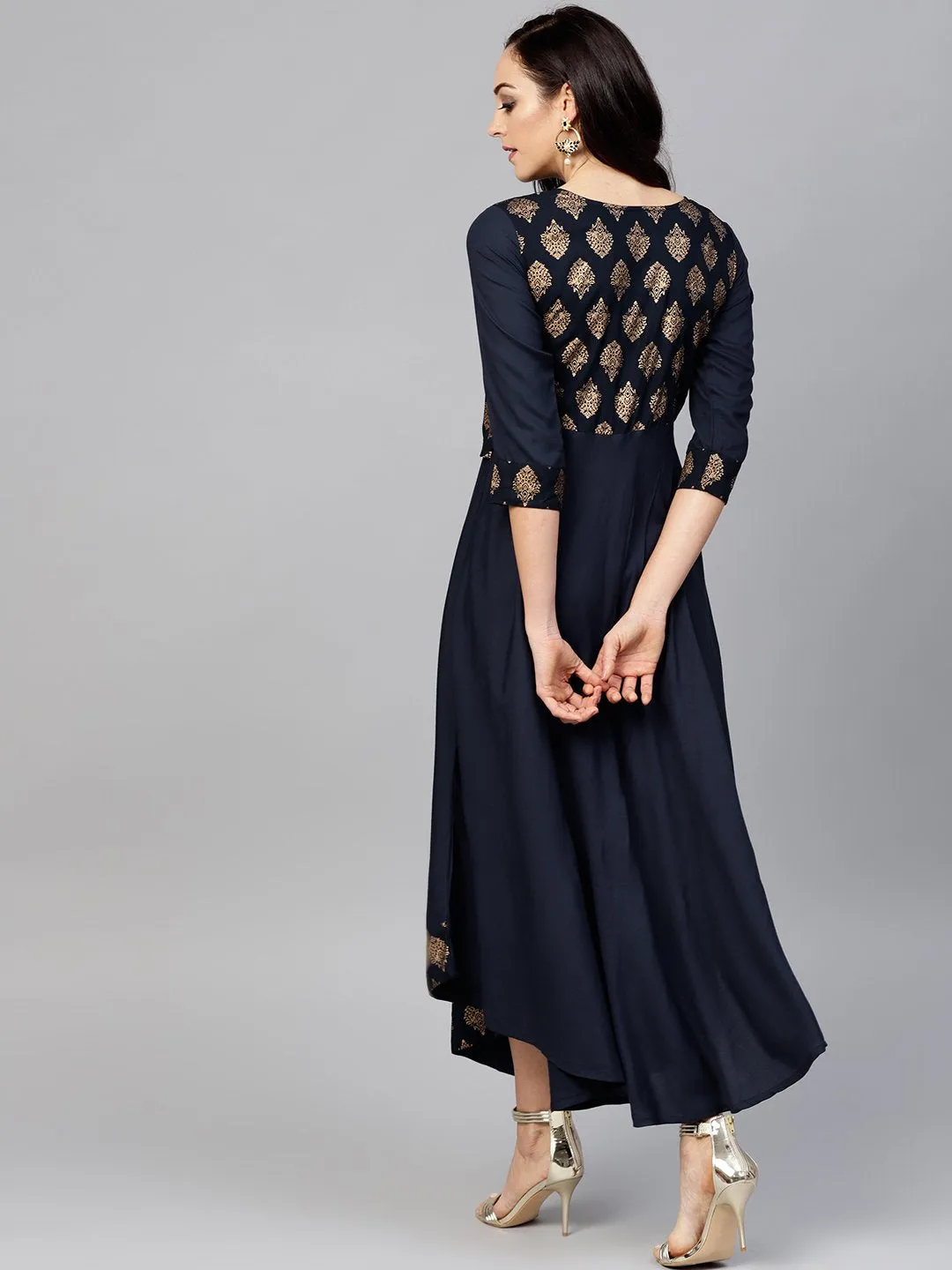 Navy Blue  3/4Th Sleeve Printed Maxi Dress With Round Neck