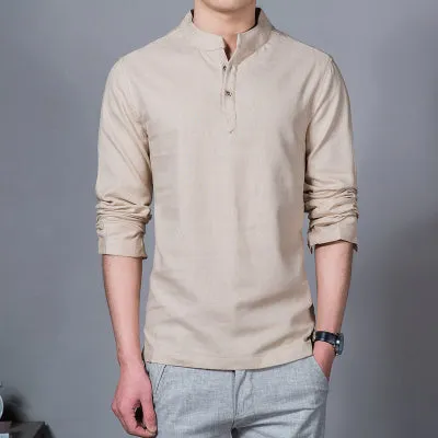 New Spring Summer Casual Men Linen Shirt Long Sleeve Solid V Neck Collar Leisure Shirts Men Clothing Morning Exercise Clothes