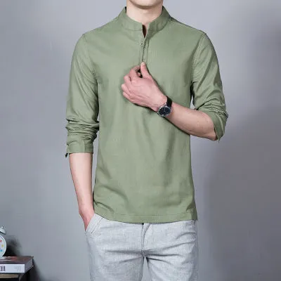 New Spring Summer Casual Men Linen Shirt Long Sleeve Solid V Neck Collar Leisure Shirts Men Clothing Morning Exercise Clothes