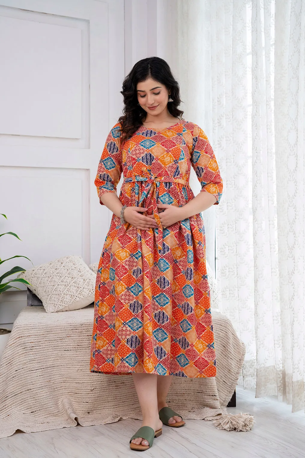 Orange Printed Maternity Dress For Women