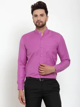 Pink Men'S Cotton Solid Mandarin Collar Formal Shirts