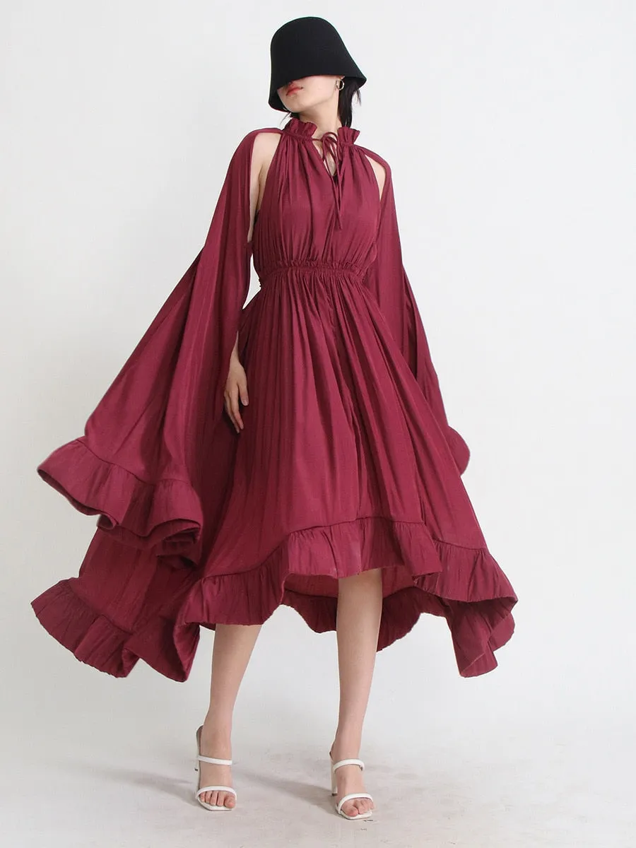 Pleated Ruffles Folds Irregular Hem Dress with Cloak Sleeves