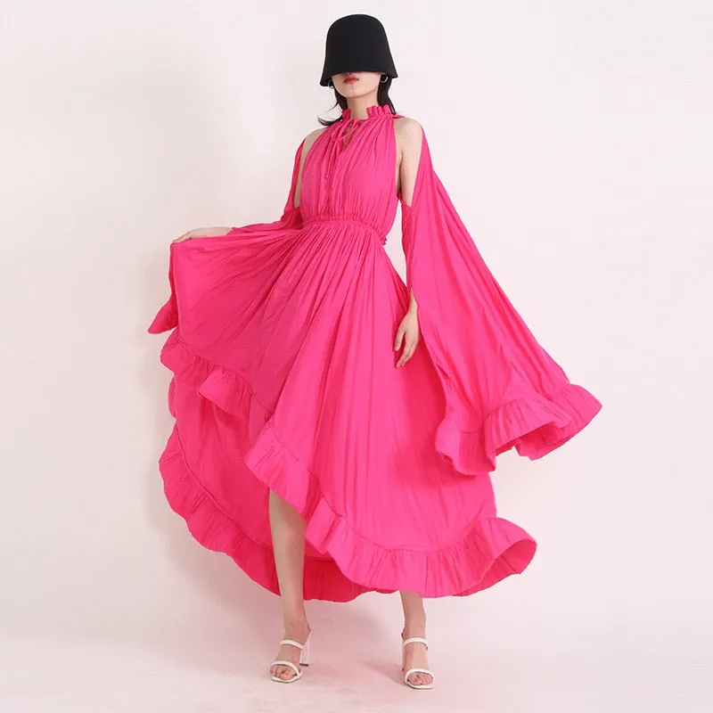 Pleated Ruffles Folds Irregular Hem Dress with Cloak Sleeves