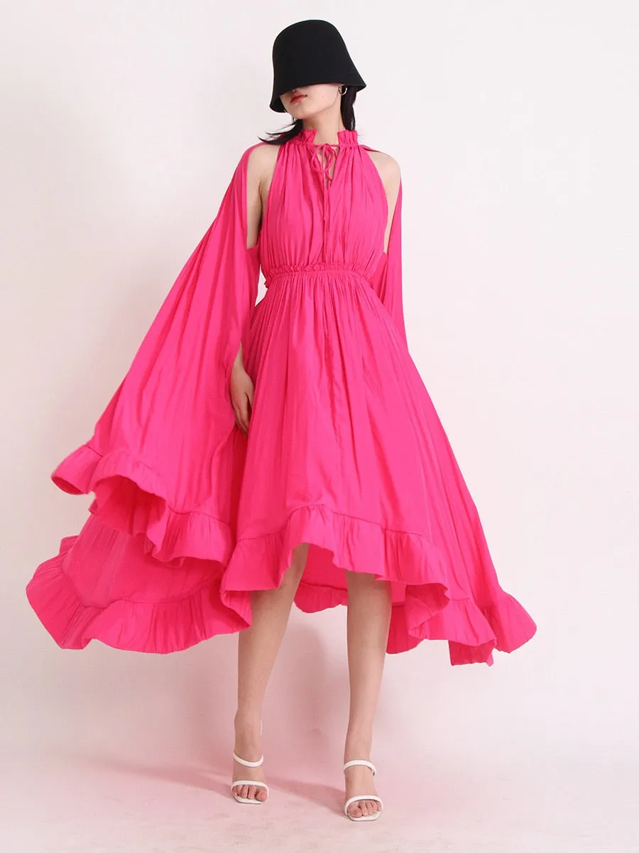 Pleated Ruffles Folds Irregular Hem Dress with Cloak Sleeves