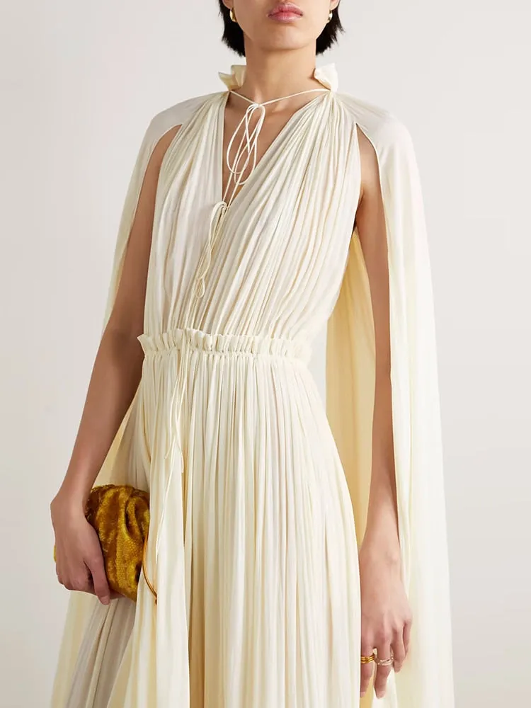 Pleated Ruffles Folds Irregular Hem Dress with Cloak Sleeves