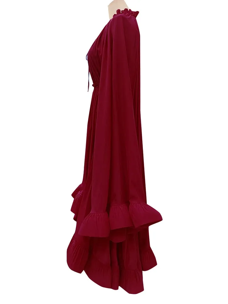 Pleated Ruffles Folds Irregular Hem Dress with Cloak Sleeves