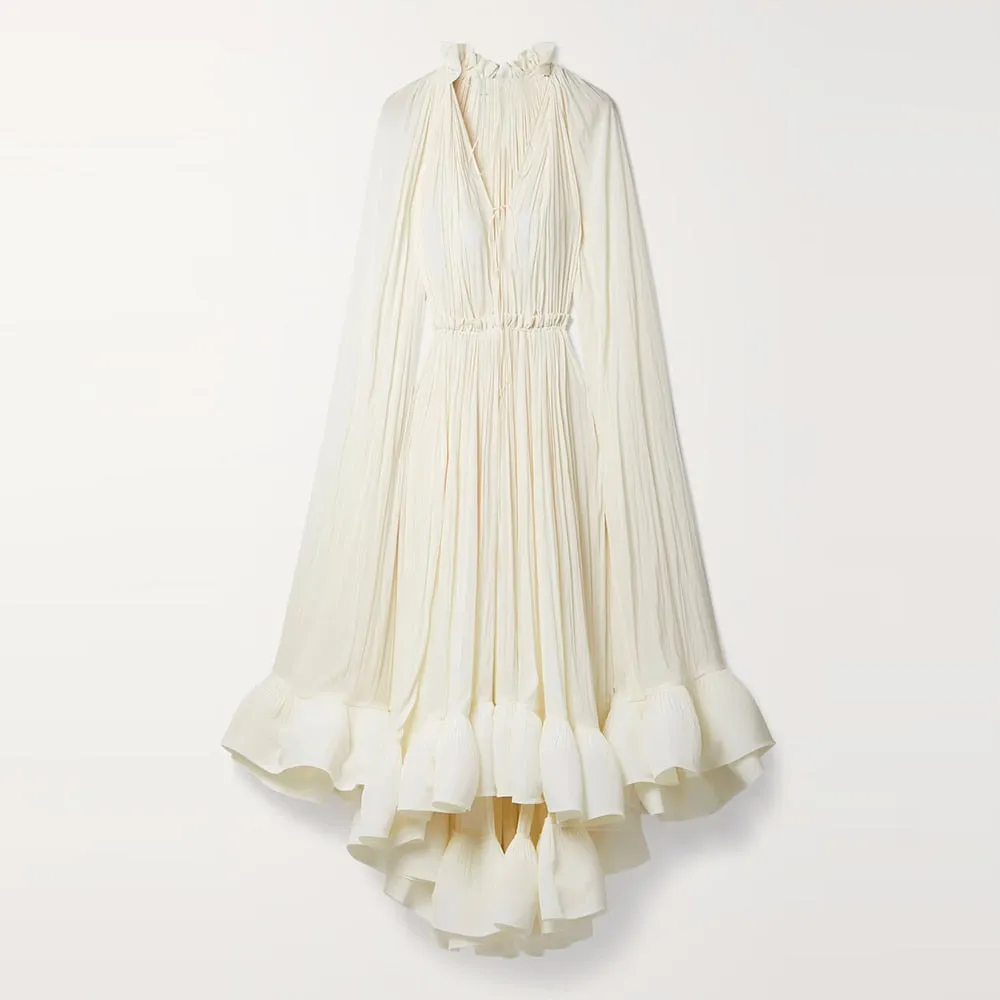 Pleated Ruffles Folds Irregular Hem Dress with Cloak Sleeves