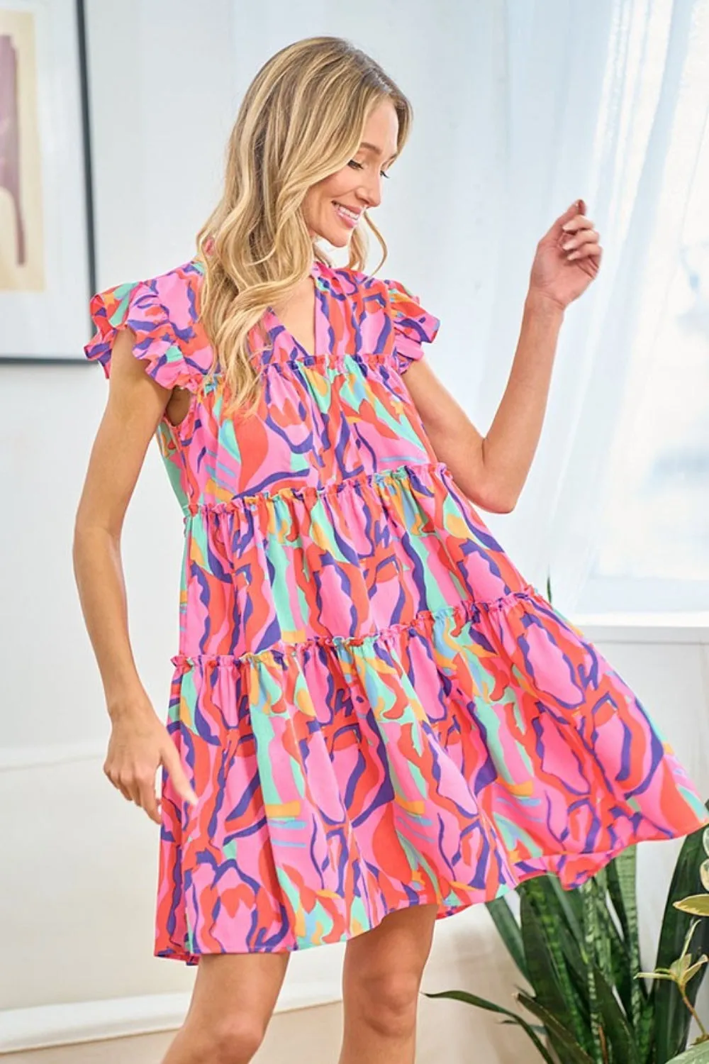 Printed Ruffle Cap Sleeve Tiered Dress