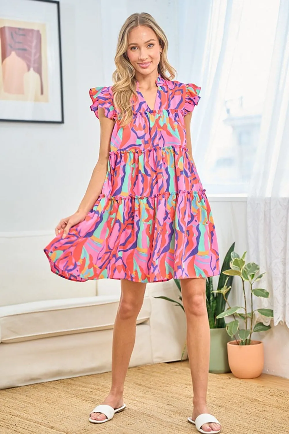 Printed Ruffle Cap Sleeve Tiered Dress