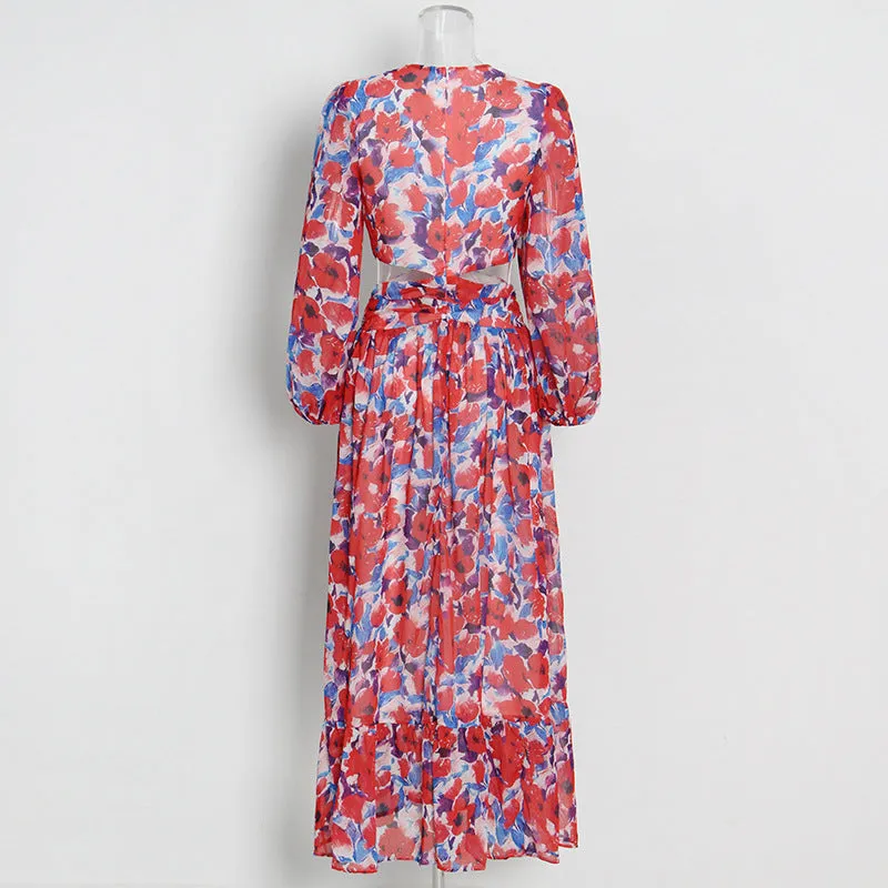 Printed V-Neck Puff Sleeve Cutout Maxi Dress