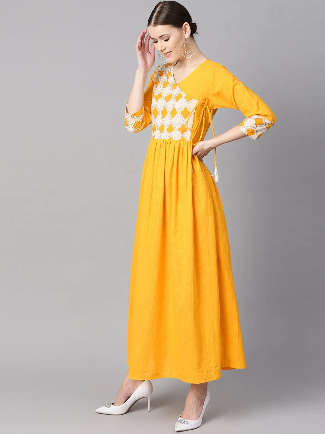 Printed Yoke Angrakha Style 3/4Th Sleeve Yellow Colored Maxi.