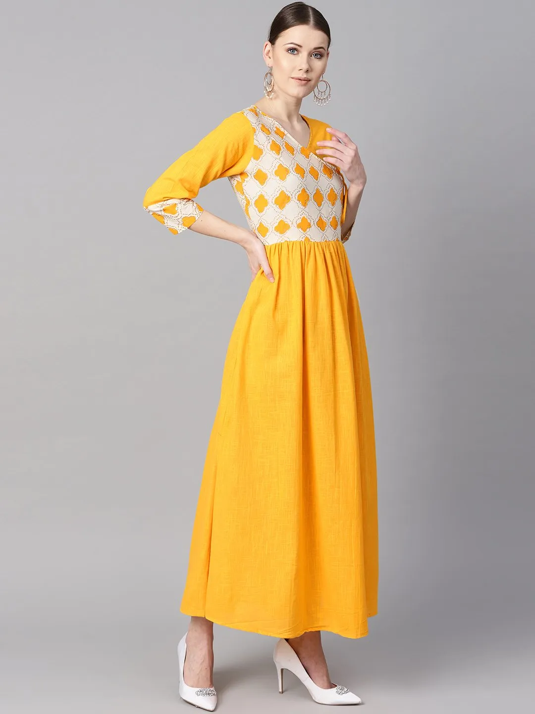 Printed Yoke Angrakha Style 3/4Th Sleeve Yellow Colored Maxi.