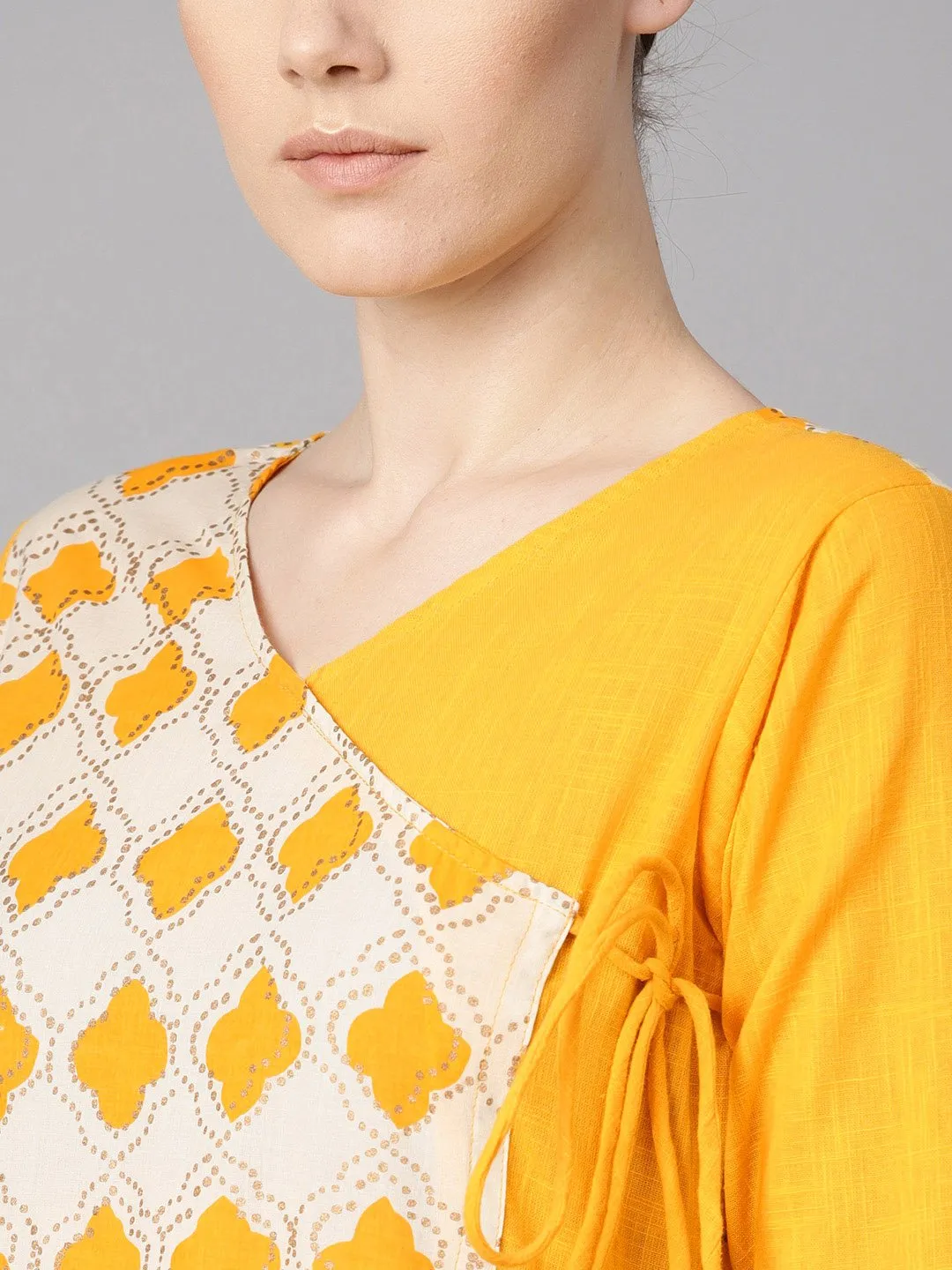 Printed Yoke Angrakha Style 3/4Th Sleeve Yellow Colored Maxi.