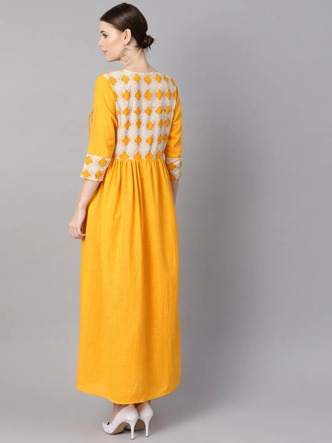 Printed Yoke Angrakha Style 3/4Th Sleeve Yellow Colored Maxi.