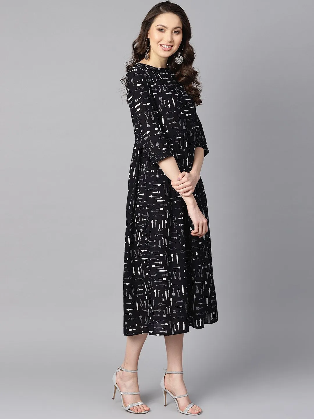 Quirky Spoon Print Box Pleated Dress With Frilled Sleeves