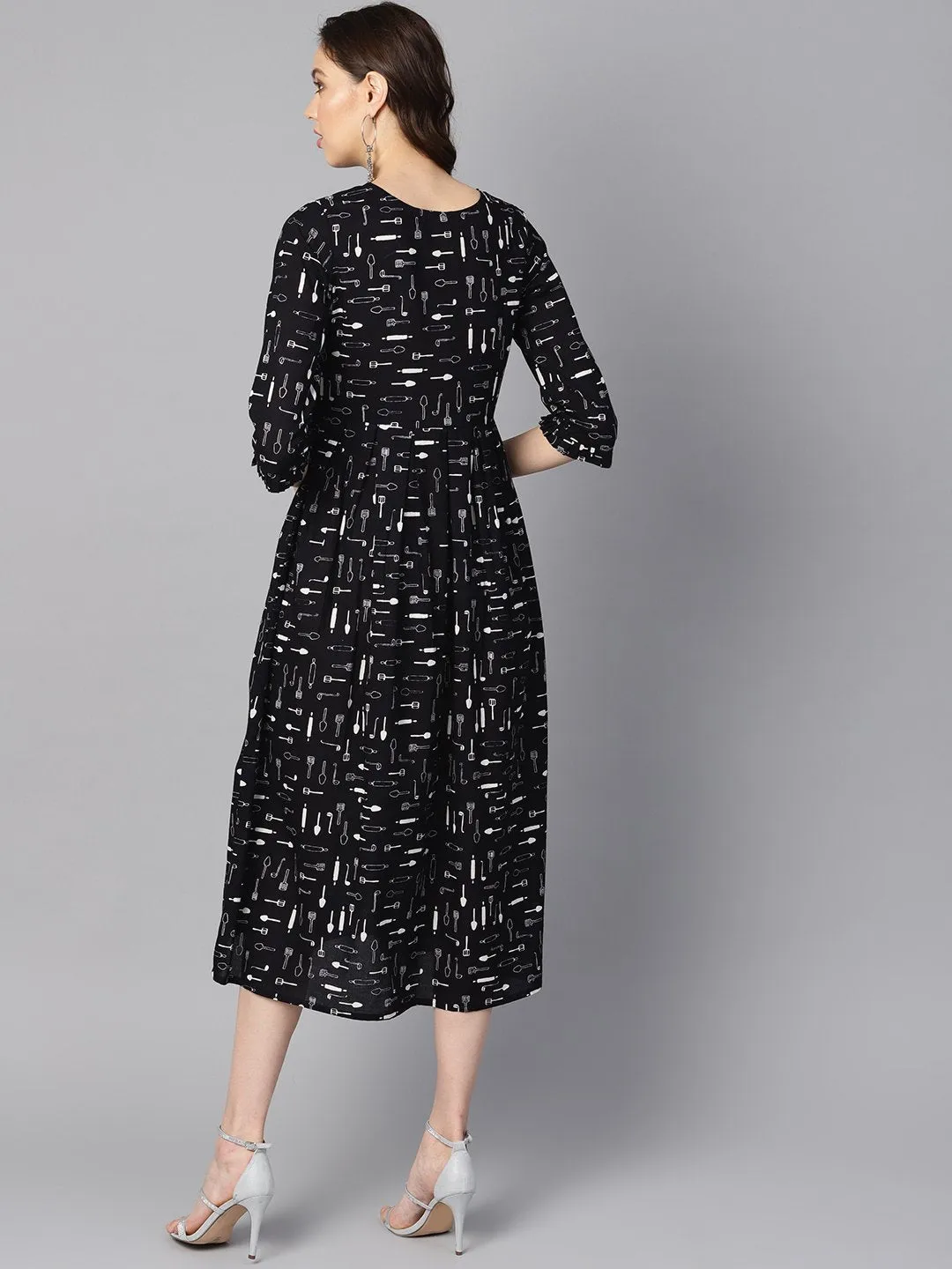 Quirky Spoon Print Box Pleated Dress With Frilled Sleeves